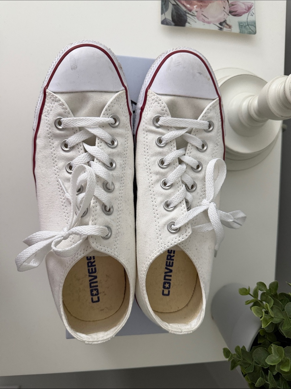 Converse White Canvas Low-Top Sneakers with Red Heel Stripe